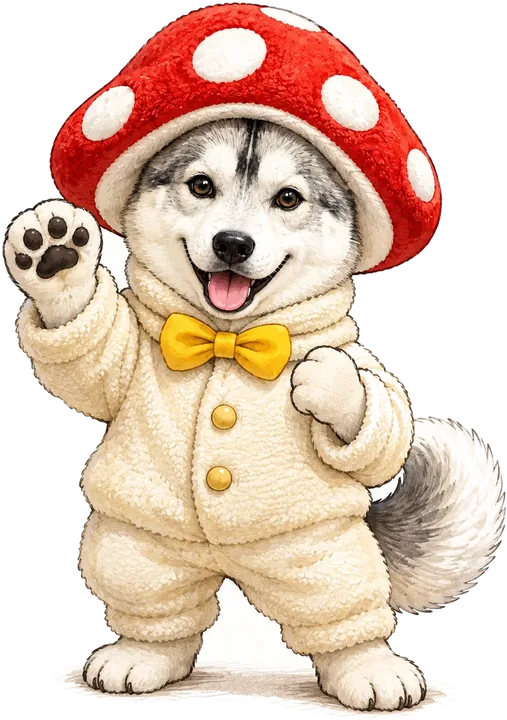 番犬をもとにしたキャラクター（きのこの服で手を振る）